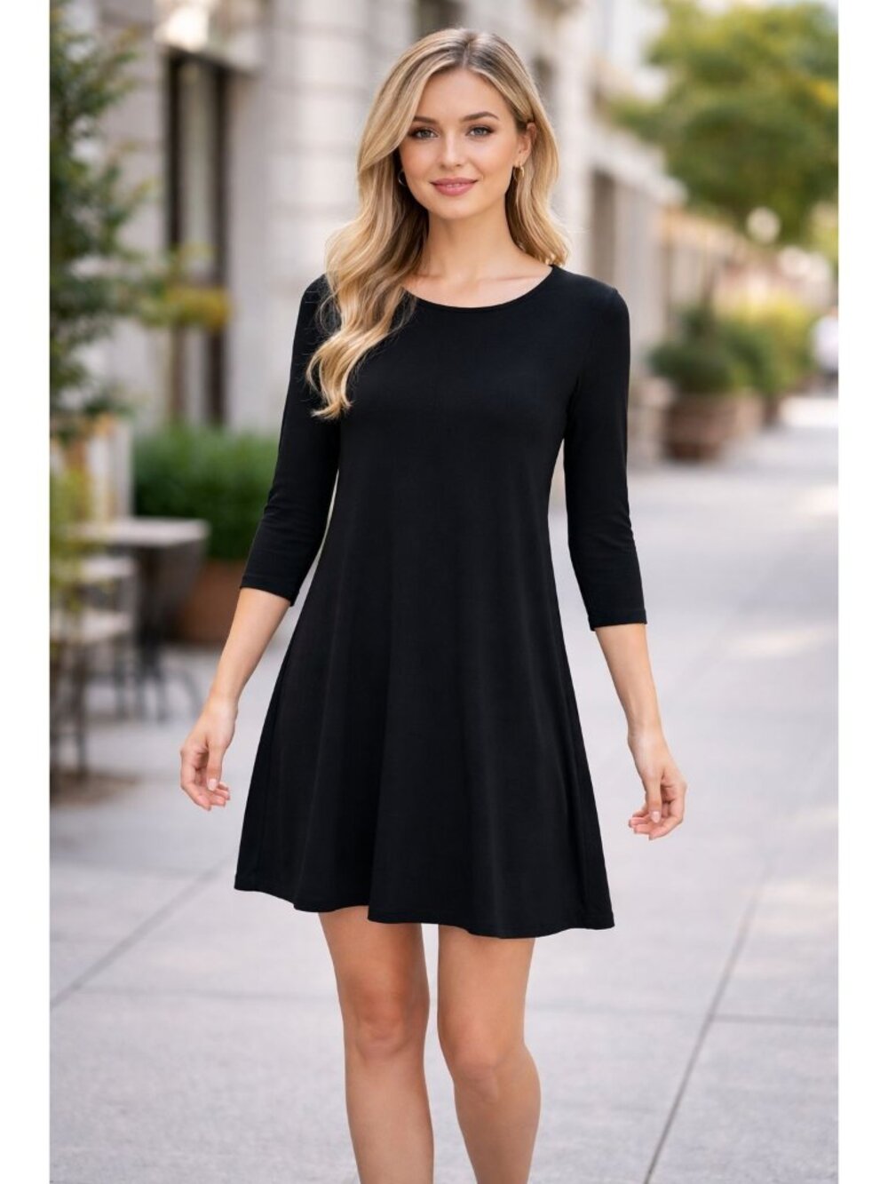 Zenana Outfitters Dress Jersey Black Pockets Womens Small 3/4 Sleeve A Line Casu
